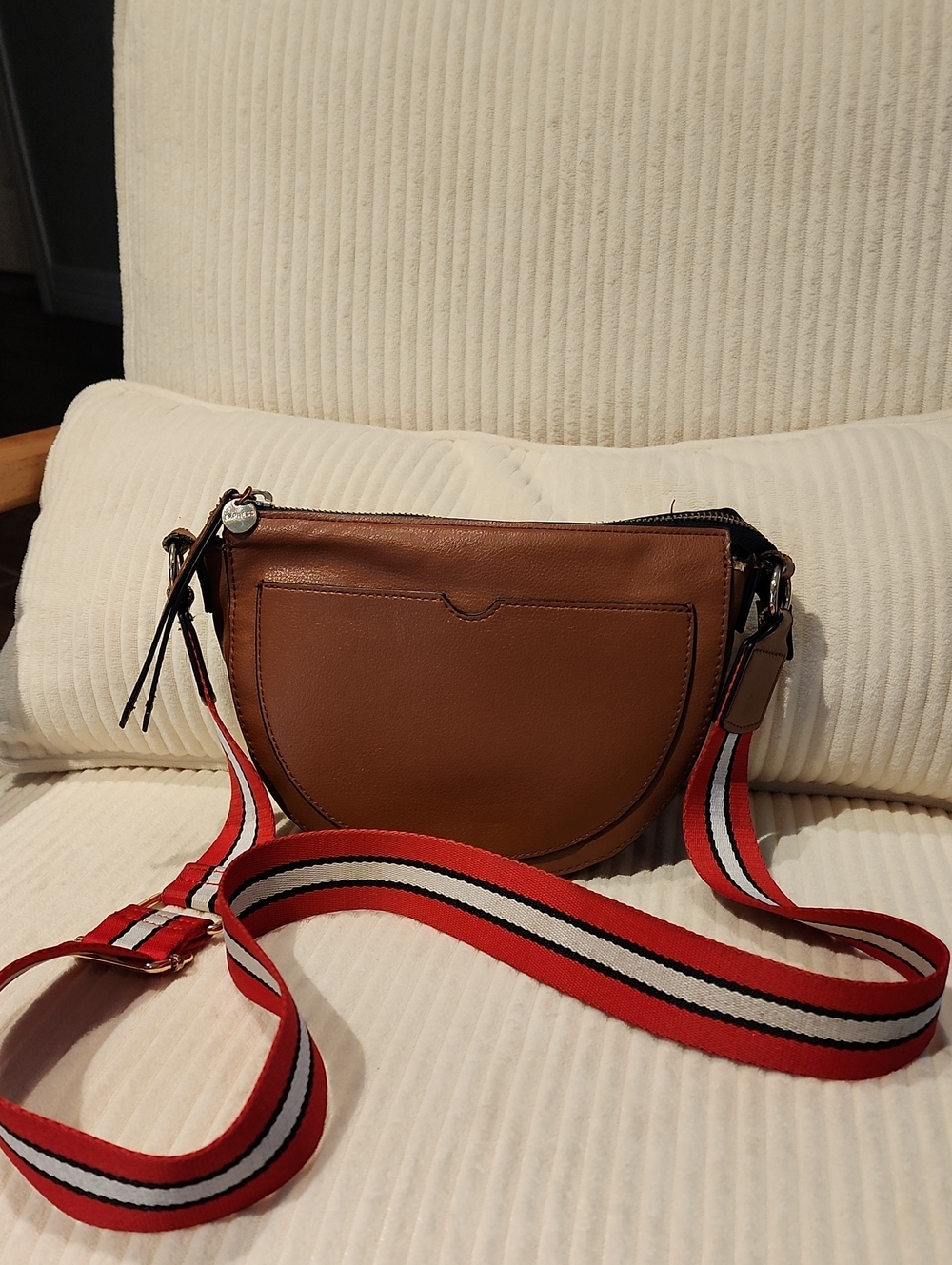 Express Brown Leather Crossbody with Red & White Stripe Strap